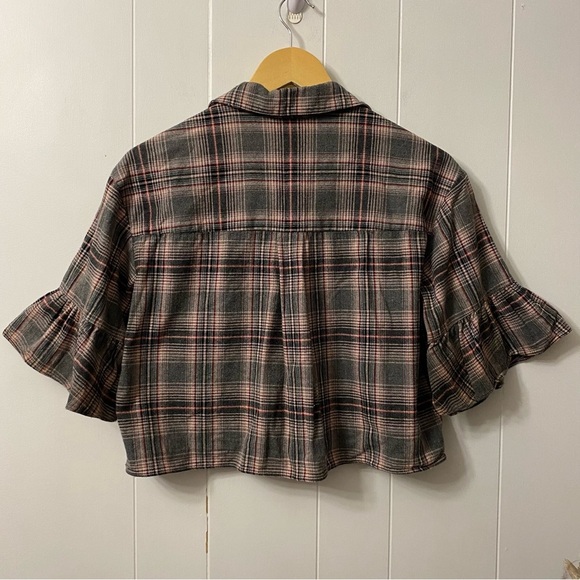 Cinq A Sept Emile Grey Plaid Button Front Crop Top Collared Shirt Cropped Cotton - Picture 10 of 12